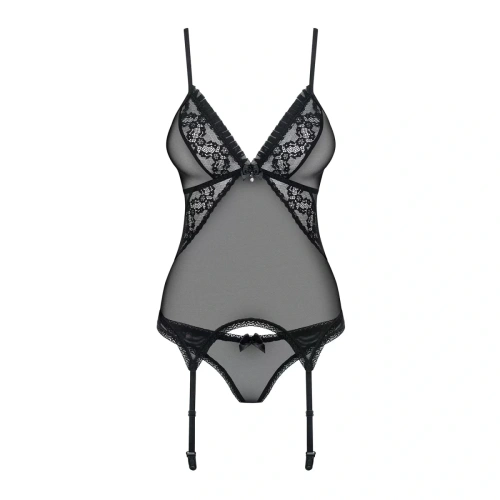 Obsessive 837-COR-1 corset - сексуальный комплект корсет с подвязками и трусики, L/XL (чёрный)